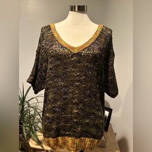 Molly Bracken Multicolor Knit Sweater Fall Colors, V Neck, Short Sleeve Size M